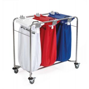 LCC-2000-3-SP 3 bag stainless steel laundry cart, bag frames, lids and wheels with foot breaks bags attached